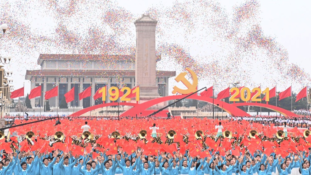 2021年7月1日上午，庆祝中国共产党成立100周年大会在北京天安门广场隆重举行。这是庆祝大会现场放飞气球。